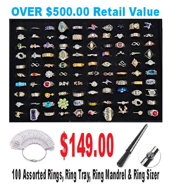 100 Assorted Rings, Ring Tray, Ring Mandrel & Ring Sizer
