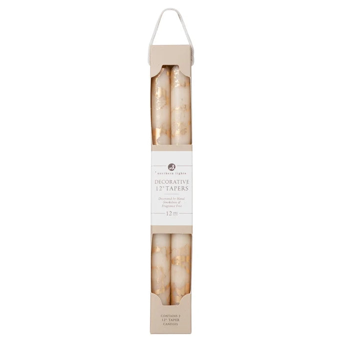 12" Decorative Taper Candles Set of 2 | Cream with Gold