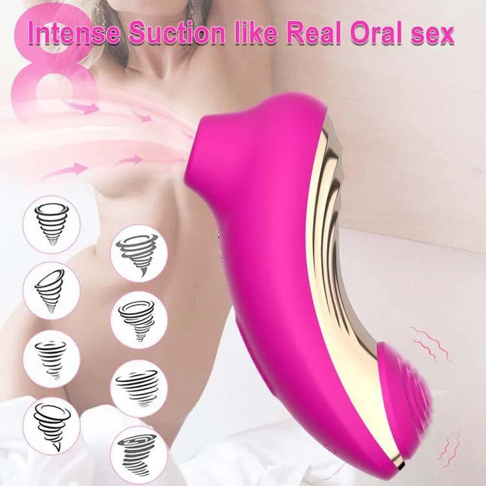 Pink 2-in-1 suction stimulator for women with gold accents, shown in use with suction icons.