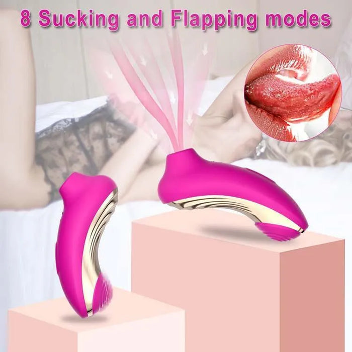 Pink 2-in-1 clitoral stimulator with suction and flapping modes, displayed on pedestals.