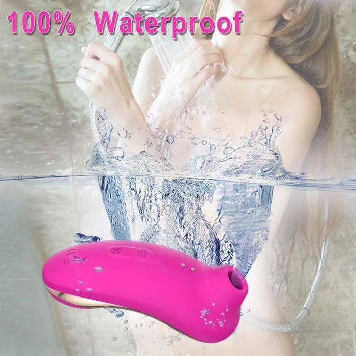 Pink waterproof suction toy for women with water splash and shower background