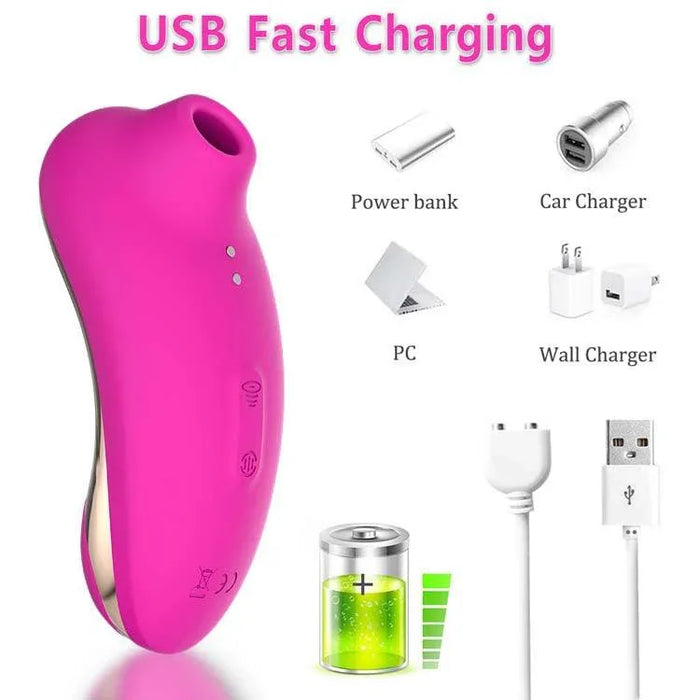 Pink 2-in-1 rechargeable suction toy for women with USB fast charging options