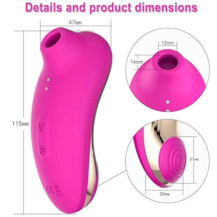 Pink 2-in-1 suction toy for women with detailed product dimensions and close-up features.