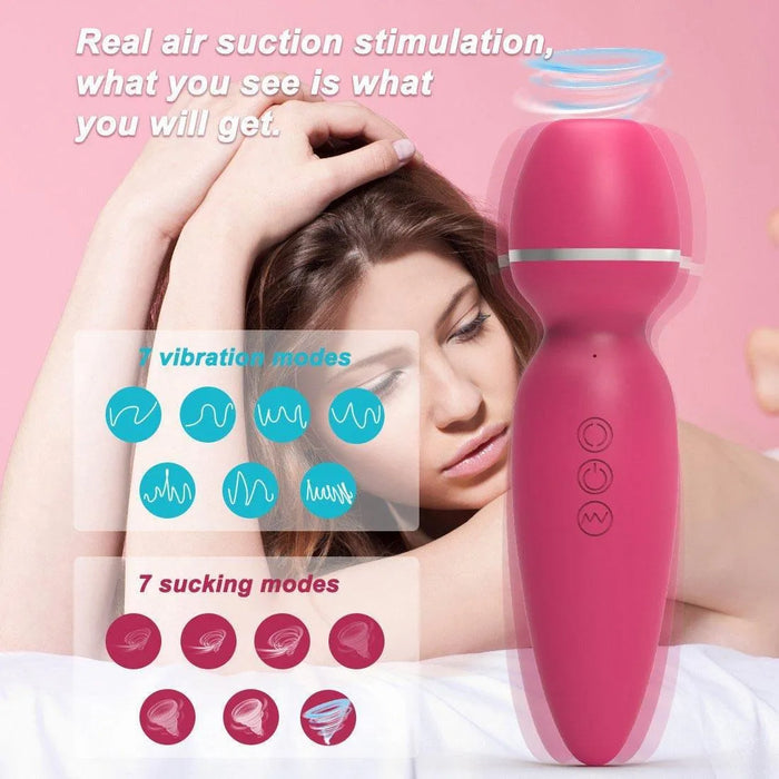 Pink 2-in-1 suction and vibration adult toy with 7 vibration and 7 suction modes, woman in background.