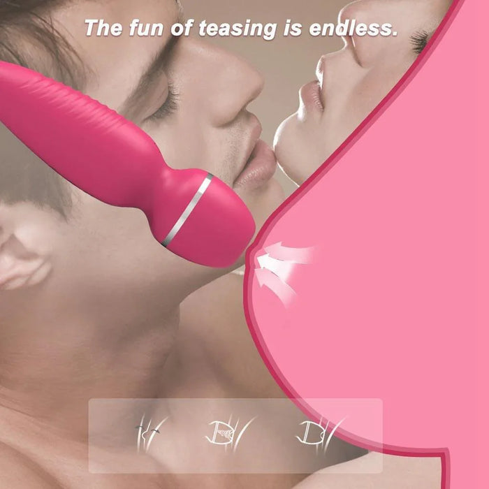 Pink 2-in-1 suction vibrator for women with intimate couple illustration and teasing slogan.