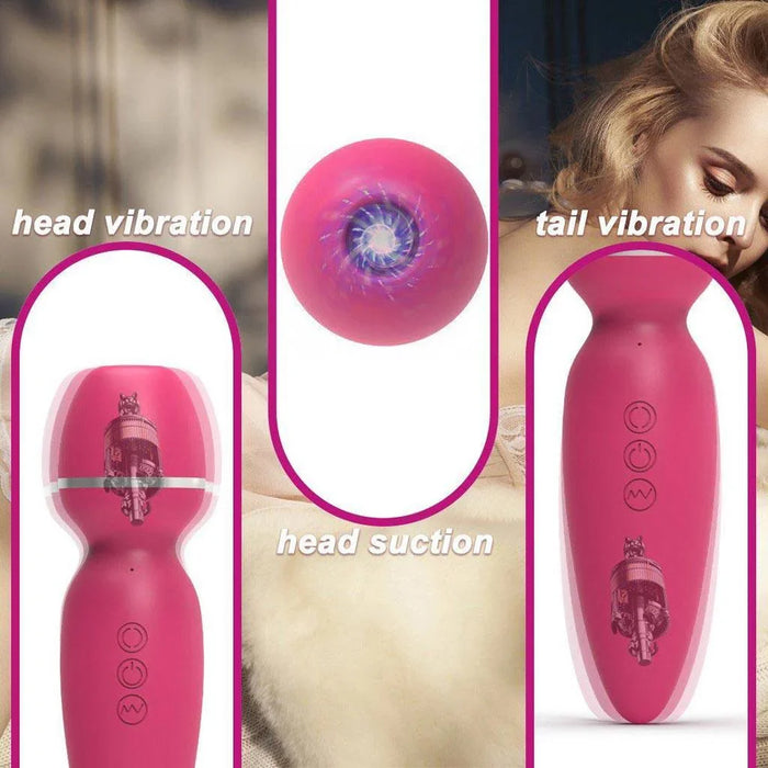 Pink 2-in-1 vibrator with suction and vibration functions, shown close-up with control buttons.