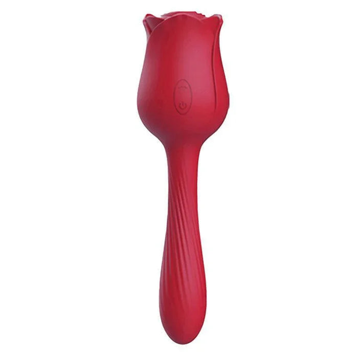 Red rose-shaped 2-in-1 silicone vibrator with textured handle on white background