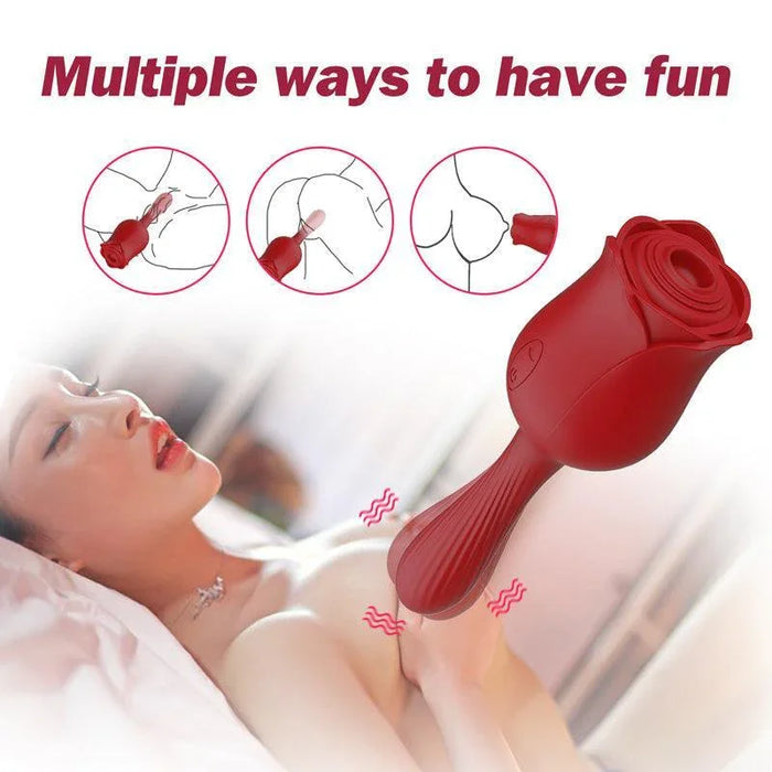 Red 2-in-1 rose-shaped vibrator for women with multiple stimulation options illustrated.