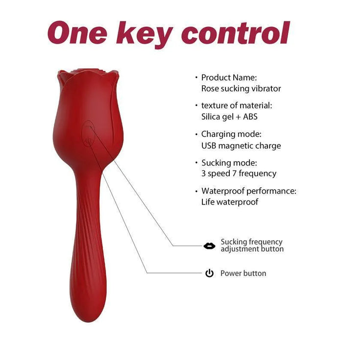 Red rose-shaped 2-in-1 adult toy with single button control, silicone material, USB charging, product features labeled.