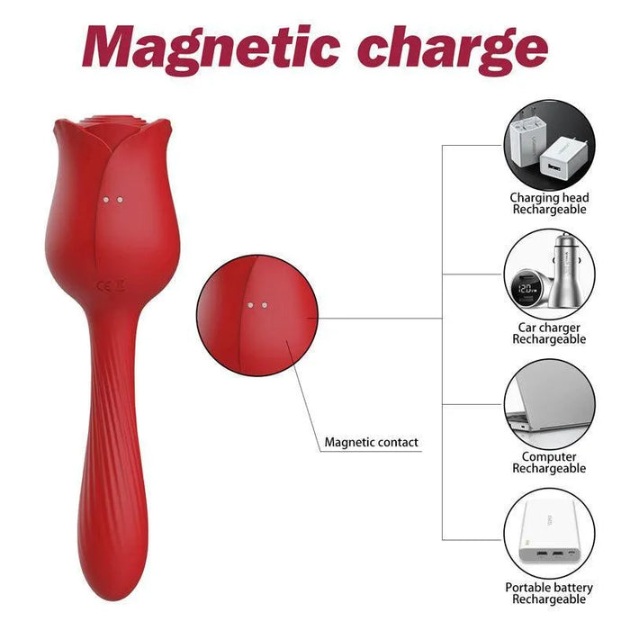 Red rose-shaped 2-in-1 personal massager with magnetic charging, USB compatible.