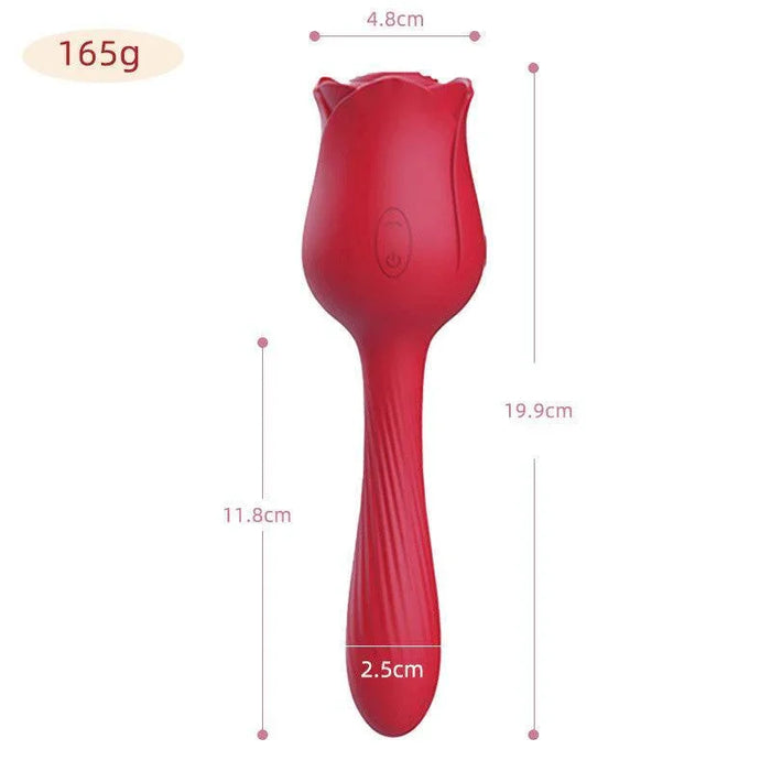 Red rose-shaped silicone dual-ended adult toy with dimensions and weight displayed.