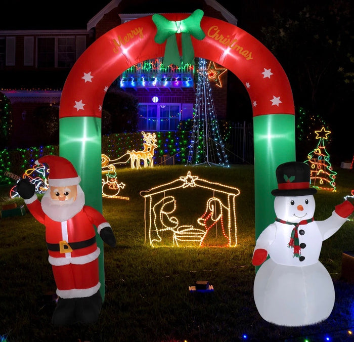 2.4M Christmas Arch Inflatable with Santa & Snowman & LED Lights Outdoor Decor