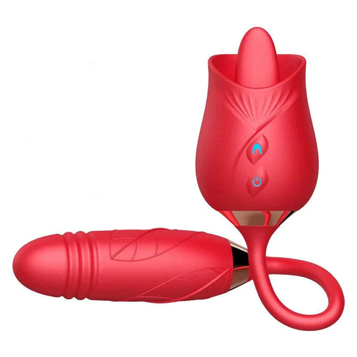 Red 3-in-1 rose-shaped vibrating toy with thrusting egg and silicone finish