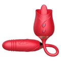 Red 3-in-1 rose-shaped vibrating toy with thrusting egg and silicone finish