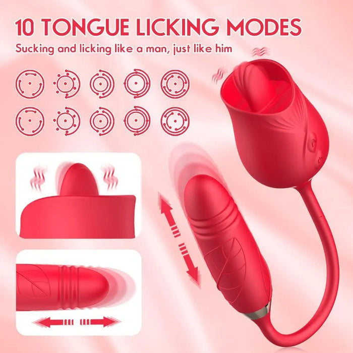 Red 3-in-1 rose-shaped vibrator with thrusting egg and tongue licking modes, adult toy