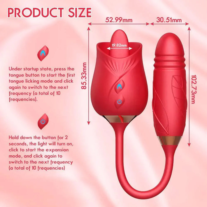 Red 3-in-1 rose-shaped licking toy with thrusting vibrator, product size and features shown.