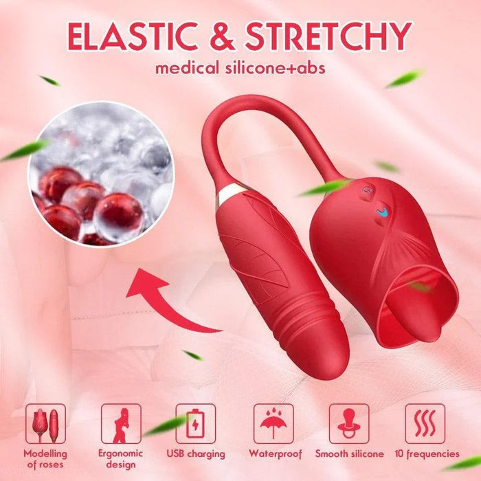 Red 3-in-1 rose toy and egg vibrator, elastic silicone, USB charging, waterproof, 10 modes