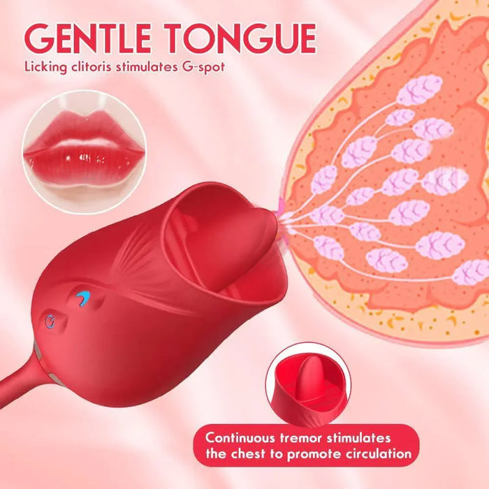 Red 3-in-1 rose toy with licking and vibrating features, gentle tongue design, illustrated effect.