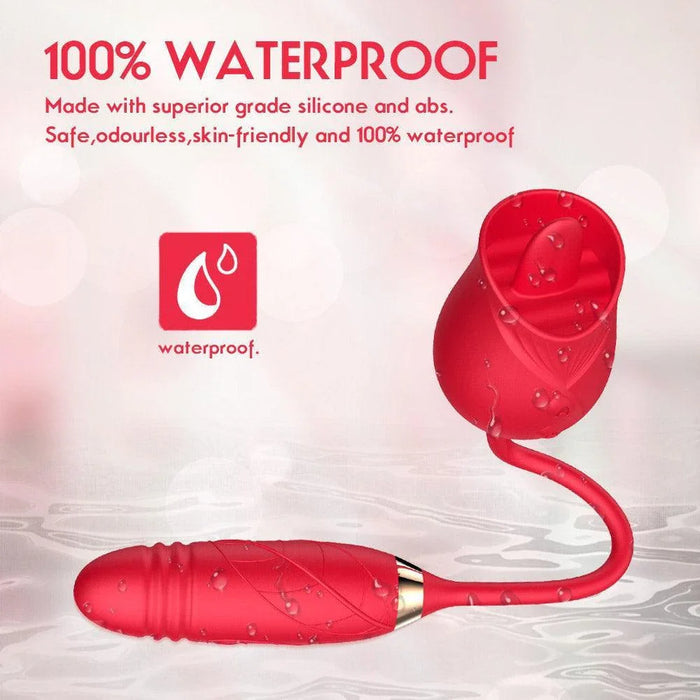 Red 3-in-1 waterproof silicone adult toy with rose-shaped stimulator and egg vibrator.
