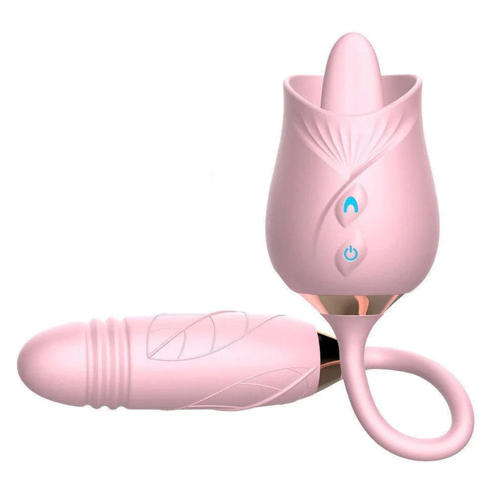 Pink 3-in-1 rose-shaped adult toy with thrusting egg and dual control buttons