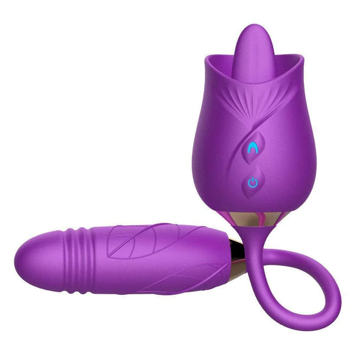 Purple silicone 3-in-1 rose toy with thrusting egg and textured design on white background
