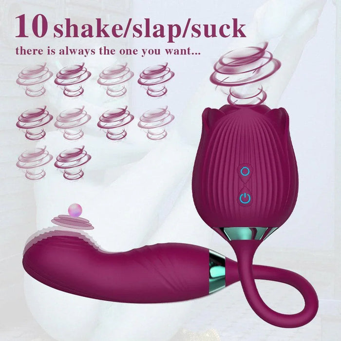 Purple 3-in-1 rose-shaped vibrator with suction and flapping functions, shown on light background