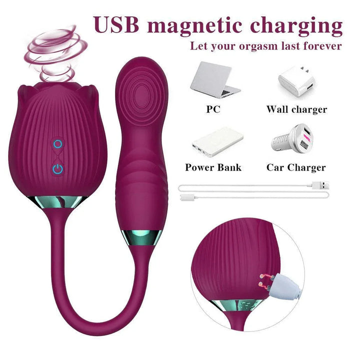 3-in-1 rose-shaped adult vibrator in pink with USB magnetic charging and flapping feature
