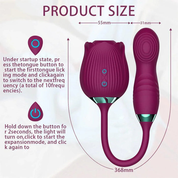 Purple 3-in-1 rose-shaped toy with flapping vibrator, product size and button instructions displayed.