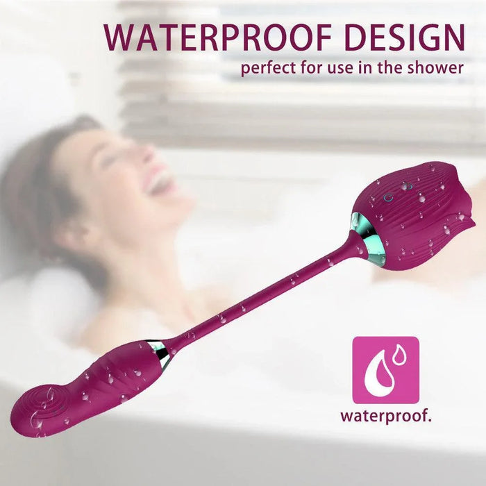 Purple waterproof 3-in-1 rose personal massager with droplets, suitable for shower use