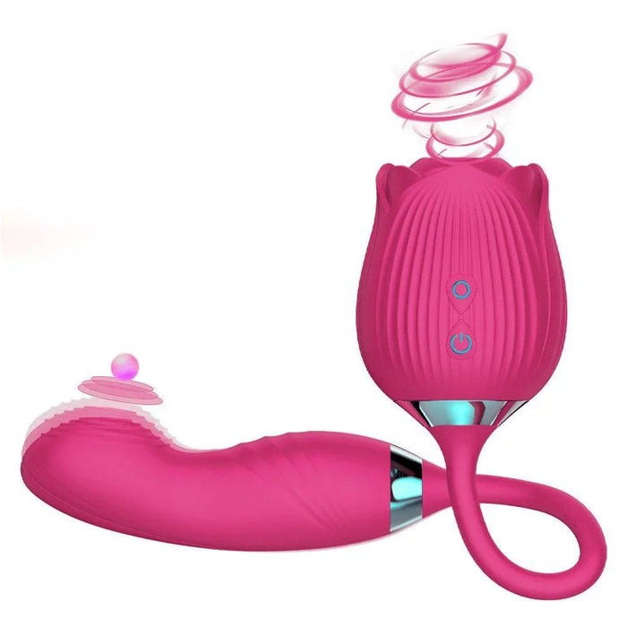 Pink 3-in-1 rose-inspired personal massager with flapping vibrator design on white background