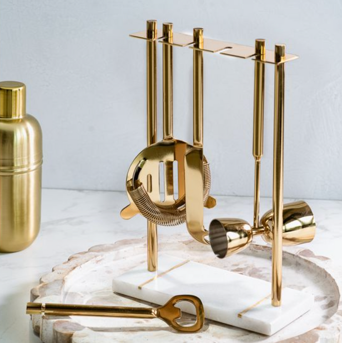 4-Piece Stainless Steel Gold Finish Marble Base Bar Set