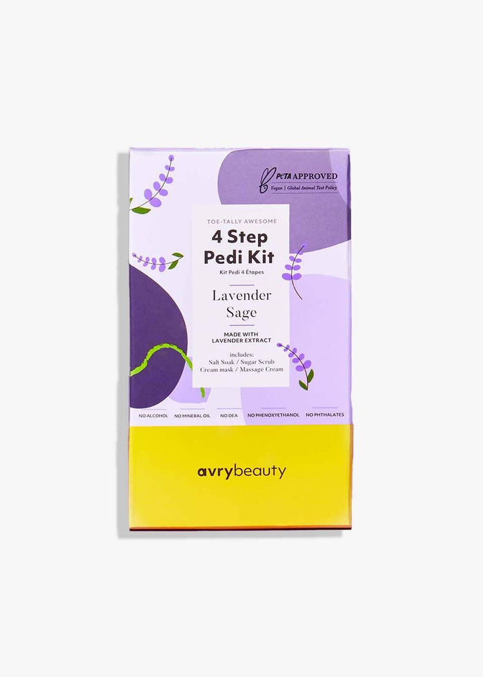 Avrybeauty 4 Step Pedi Kit packaging with lavender and sage design on a white background