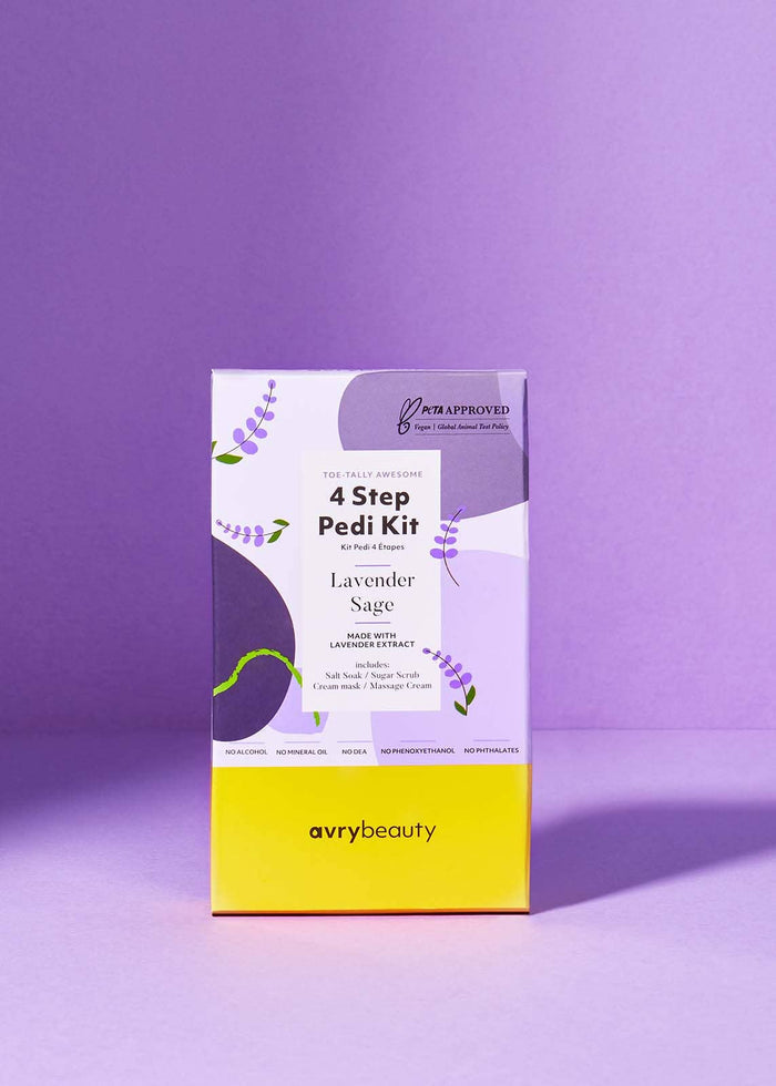 Avry Beauty 4 Step Pedi Kit packaging on a purple background