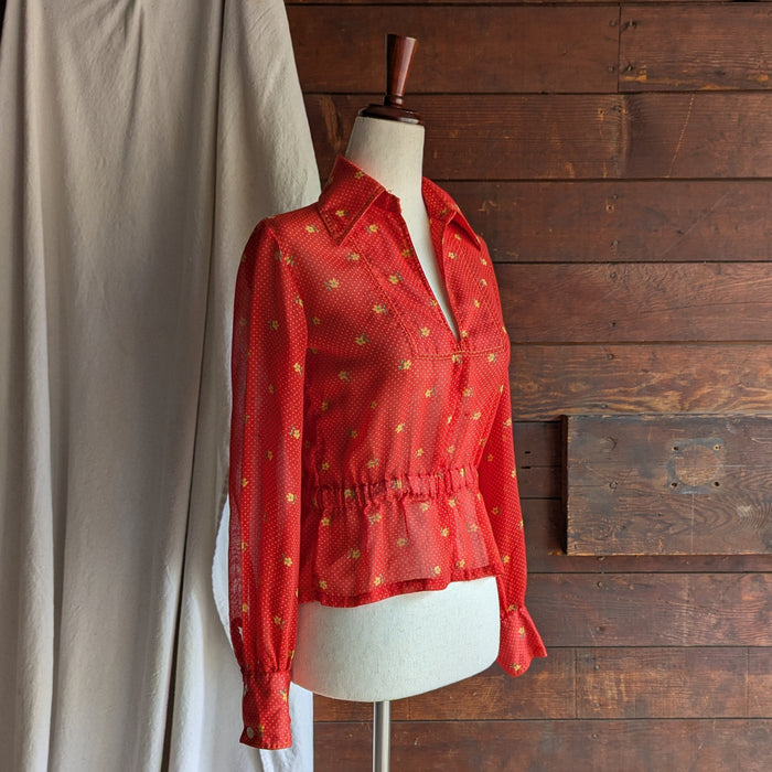 70s/80s Vintage Red Semi-Sheer Polka Dot Blouse