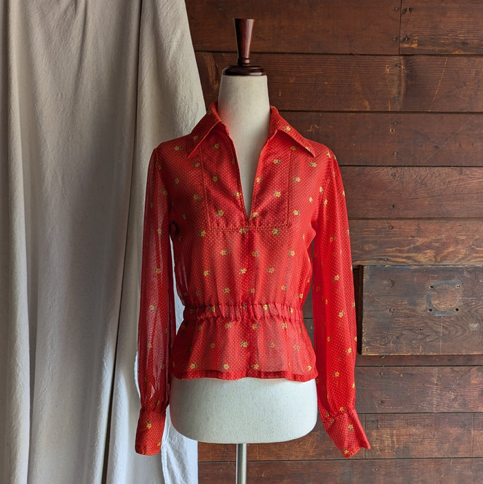 70s/80s Vintage Red Semi-Sheer Polka Dot Blouse