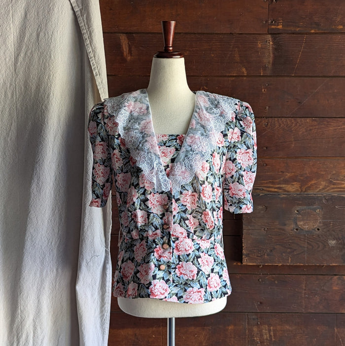 80s Vintage Dark Floral Polyester Top