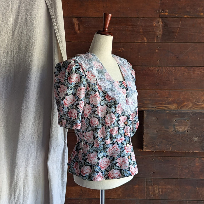 80s Vintage Dark Floral Polyester Top