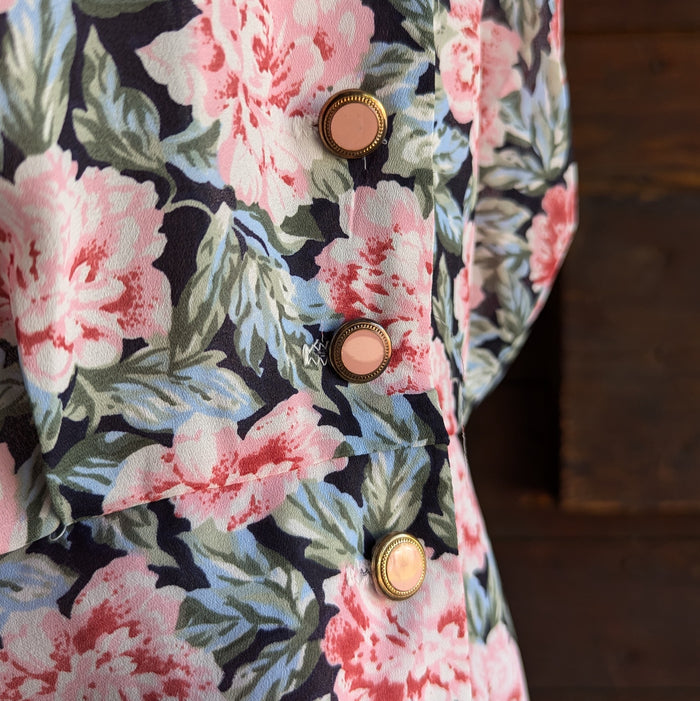 80s Vintage Dark Floral Polyester Top