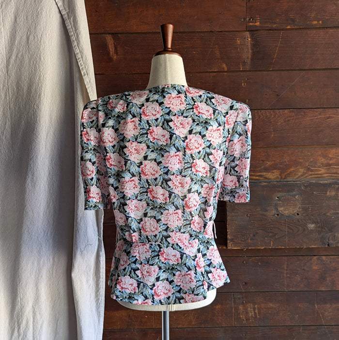 80s Vintage Dark Floral Polyester Top