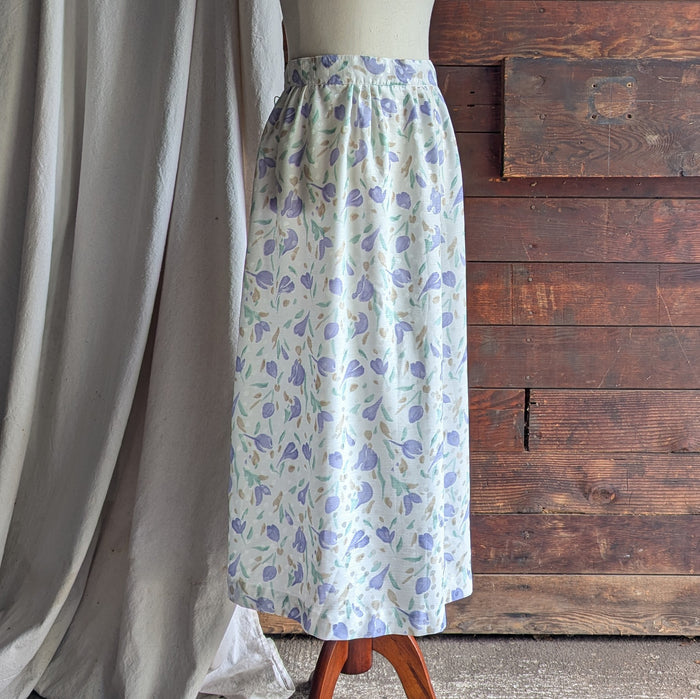 80s Vintage Flowy White Floral Maxi Skirt