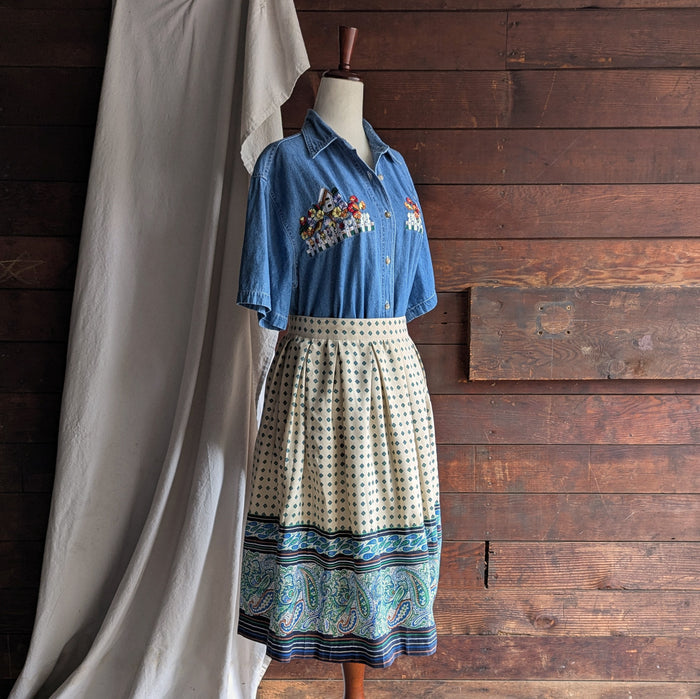 80s Vintage Ivory Cotton Blend Pleated Midi Skirt