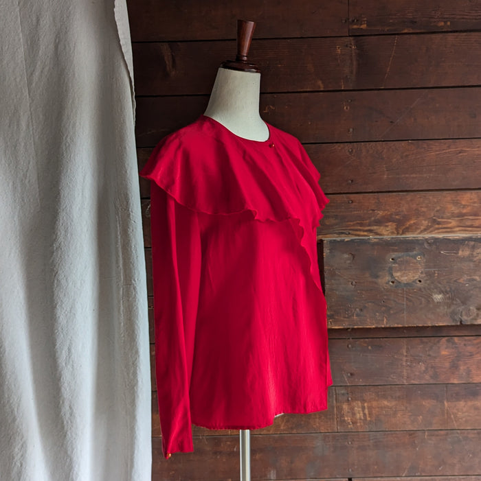 80s Vintage Red Ruffled Silk Blouse