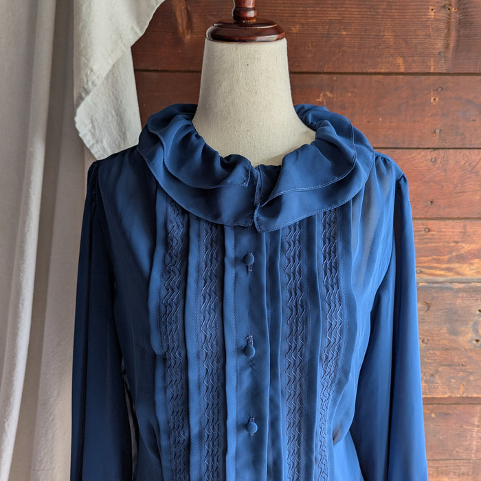 80s Vintage Sheer Blue Ruffled Blouse