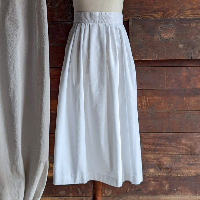 80s Vintage White Cotton Twill Midi Skirt with Pockets