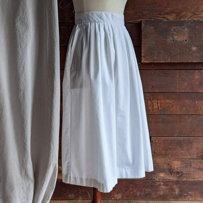 80s Vintage White Cotton Twill Midi Skirt with Pockets