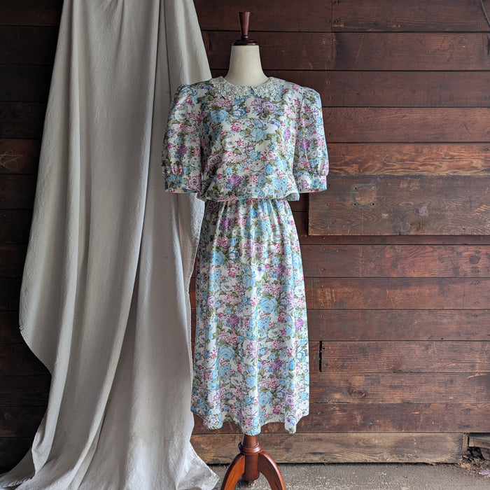 80s/90s Vintage Blue Floral Midi Puff Sleeve Dress