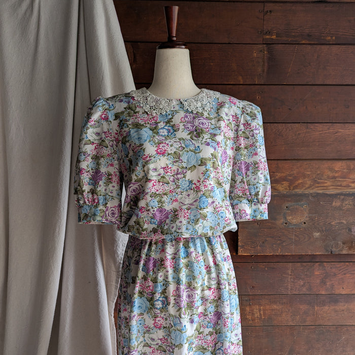 80s/90s Vintage Blue Floral Midi Puff Sleeve Dress