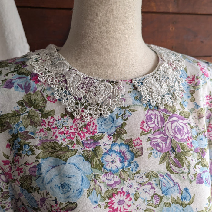 80s/90s Vintage Blue Floral Midi Puff Sleeve Dress