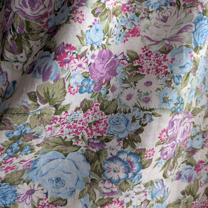 80s/90s Vintage Blue Floral Midi Puff Sleeve Dress