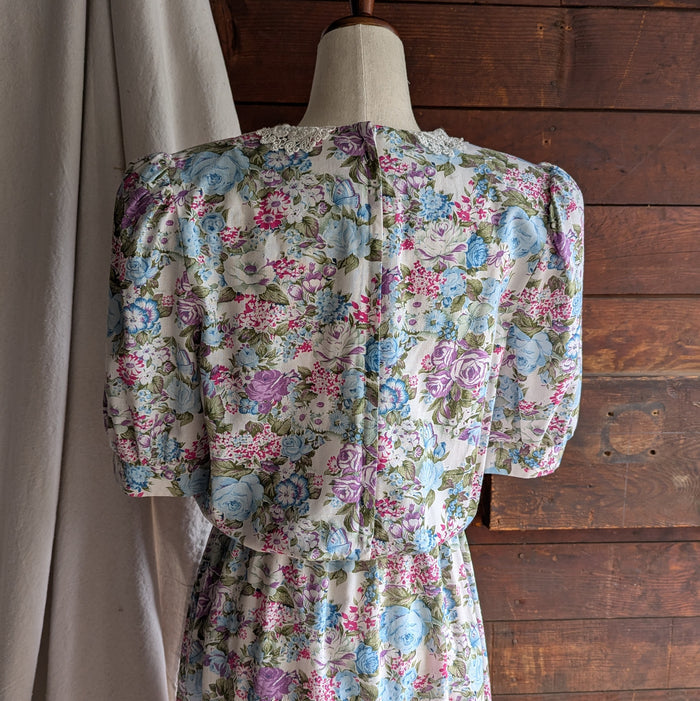 80s/90s Vintage Blue Floral Midi Puff Sleeve Dress